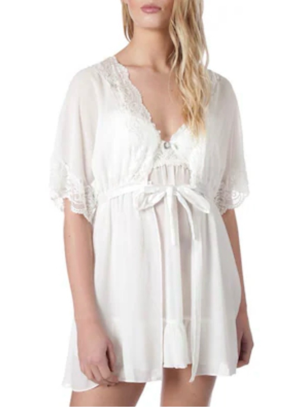 White lace Romantic Trimmed Chiffon Sheer Babydoll Gown & Matching Robe Set Med